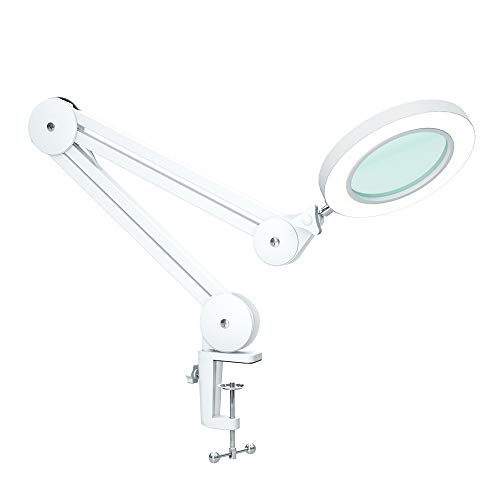 Beyamz LED Lupenleuchte, Arbeitsplatzlampe, 5 Dioptrien Lupe mit Licht - mit Klemme, Schwenkarm, Dimmbar, 3 Farbmodi, 105 mm Glaslinse - Lupe zum Lesen, Basteln - 5-fache Vergrößerung