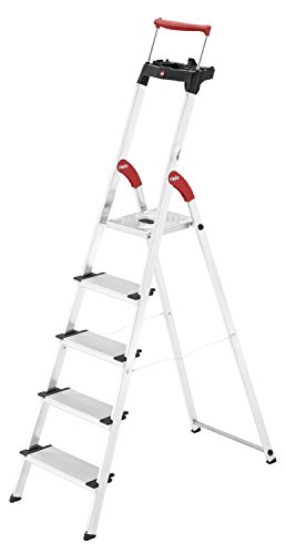 Hailo ComfortLine XXR, Alu-Haushaltsleiter, 5 XXL-Stufen, EasyClix, Ablageschale, ausziehbarer Haltebügel, bis 150 kg, made in Germany, 8030-507
