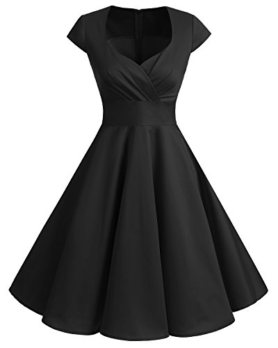 bbonlinedress 1950er Vintage Retro Cocktailkleid Rockabilly V-Ausschnitt Faltenrock Black S