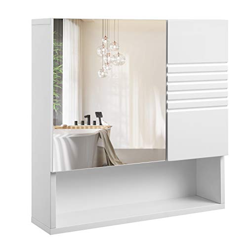 VASAGLE Spiegelschrank fürs Bad, Wandschrank, Badschrank mit höhenverstellbaren Regalebenen, sanft schließende Scharniere, Badezimmer, 54 x 15 x 55 cm, weiß BBK21WT
