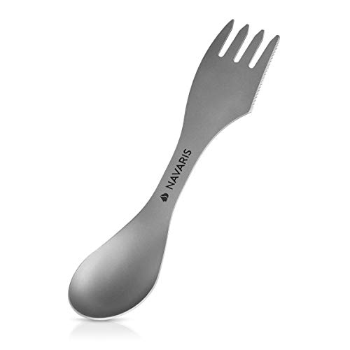 Navaris 3in1 Titan Camping Besteck - Outdoor Göffel Spork - Messer Löffel Gabel inkl. Tasche - Ultraleichte Essbesteck Kombi - Reisebesteck in Grau