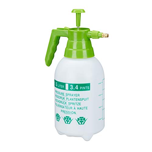 Relaxdays Drucksprüher, 1,5 Liter, einstellbare Messingdüse, Garten, Bewässerung, Schädlingsbekämpfung, PE, weiß/grün