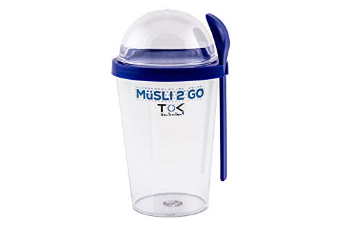 TOK Müslibecher 2 go / Joghurt to go Becher mit Löffel - komplett dicht, BPA frei, wiederverwendbar - Reise-Müsli-Becher für den gesunden Snack unterwegs - 450 ml Becher & 150 ml Deckel - (Schwarz / Blau)