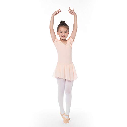 Kinder Kurzarm Ballettkleid aus Baumwolle mit Chiffon Kleider Ballett Trikot Turnanzug für Mädchen Rosa 120