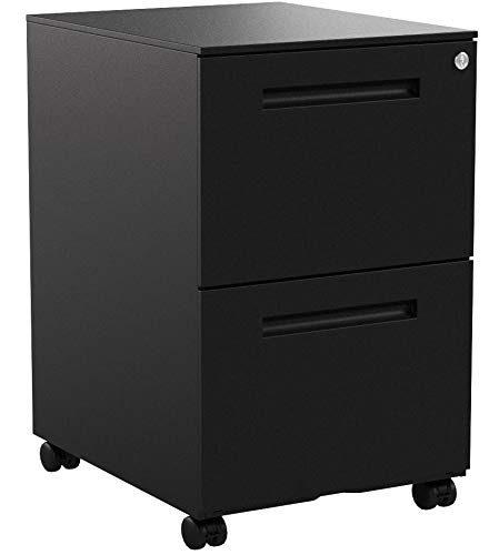 SONGMICS Rollcontainer, mobiler Aktenschrank mit 2 Schubladen, abschließbar, für Bürodokumente, vormontiert, 39 x 50 x 69,5 cm (L x B x H), Mattschwarz OFC52BK