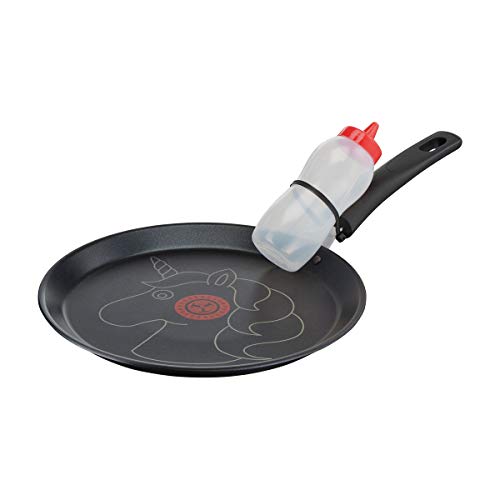 Tefal Creative Edition Einhorn Crepepfanne/Pfannkuchenpfanne 25 cm, Crepes Pfanne Induktionsgeeignet, Antihaftbeschichtet, Pfannkuchen Crepes mit Tiermuster, inkl Dosierflasche 200ml, schwarz