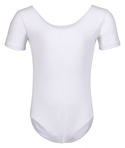 tanzmuster Kinder Kurzarm Ballettanzug 'Sally' aus weichem und festem Baumwollgewebe. Beliebtes Mädchen Ballett Trikot für die Grundausstattung der kleinen Ballerina in weiß, Größe:128/134