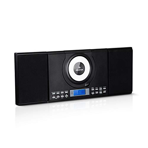 auna Wallie Microsystem • Stereoanlage • Microanlage • Kompaktanlage • 2 x 10 W RMS Stereo-Lautsprecher • Front-Loading CD-Player • UKW • Bluetooth • USB-Port • LCD-Display • Fernbedienung • schwarz