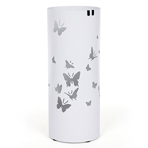 Songmics Regenschirmständer Schirmständer Metall mit Wasserauffangschale Haken für Regenschirm, Gehstock, Geschenkpapierständer, 19,5 x 49 cm weiß LUC10W