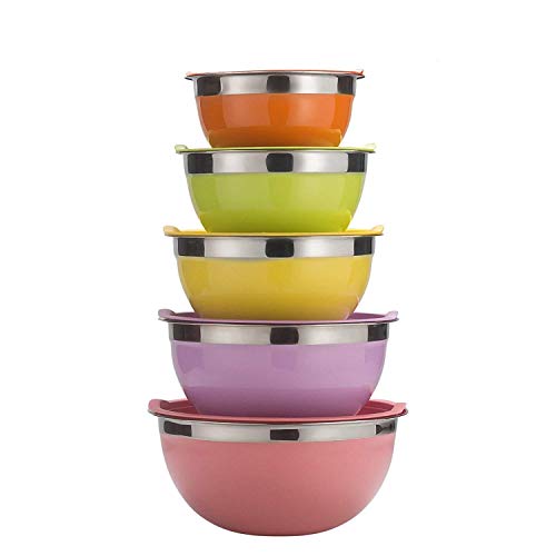 Raking Edelstahlschüssel Set 5 Stück mit Bunten Decke für Küche, Edelstahl Salatschüsseln Frischhalteschüssel Rührschüssel Rutschfest Schüsselset Große 5er Set (Bunt)