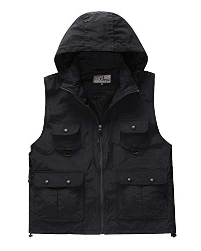 Daoba Herren Schnell Trocknend Outdoor Weste mit Kapuze Multifunktionsweste mit Vielen Taschen für Angeln Jagd Camping Fotografie Wasserdicht