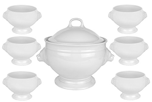 Van Well Löwenkopf Suppenterrine mit Deckel, 2.750 ml + 6 Suppenschalen, 400 ml, königliches Designer Suppenschalen Set, 8-tlg., edles Markenporzellan