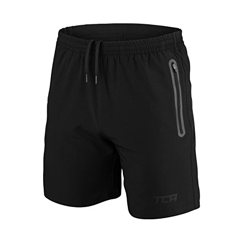 TCA Herren Trainigsshorts Elite Tech für Laufsport - mit Reißverschlusstaschen - Black Stealth (Schwarz) - Large