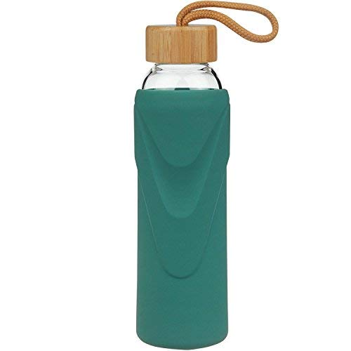 FCSDETAIL Sport Borosilikat Trinkflasche Glas Wasserflasche mit Silikonhülle mit Bambusdeckel 420ml