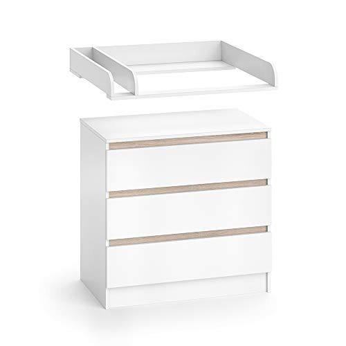 VICCO Wickelkommode Emma mit 3 Schubladen - inkl.Wickelauflage Abnehmbar Weiß Sonoma Baby Weiß Sonoma Kinderzimmer