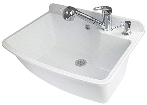 GOSPO Ausgussbecken mit ausziehbare Armatur, Waschbecken 61 x 44 x 23,5 cm, Waschtrog mit Seifenspender, Siphon, Spülbecken inkl. Zubehör, Waschraum, Industrie Waschtisch (weiß)