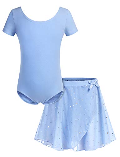 Bricnat Mädchen Ballettklied mit Chiffon Pailletten Kurzarm Tanzbody mit Rock Ballettanzug Kleid mit Wickelrock Balletttrikot Trikot Baumwolle Tanzkleid Blau 120