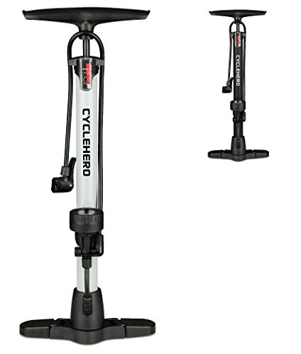 CYCLEHERO Fahrradluftpumpe (Farbe Silber) Fahrradpumpe mit übersichtlichem Manometer Display