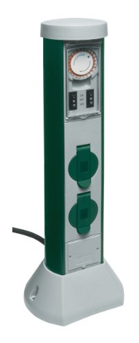 REV Ritter 0068206251 GreenCraft Zeitschaltuhr mit 2-fach Steckdose| Außenbereich| Steckdosensäule| Gartensteckdose| 2 spritzwassergeschützte Schutzkontaktsteckdosen| grau grün