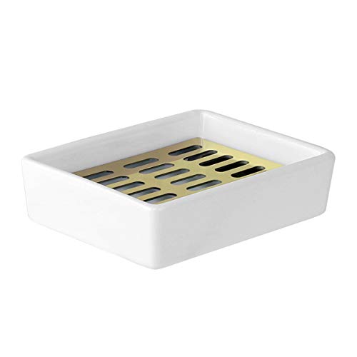 OneAmg Seifenschale, Keramik Sitz SUS 304 Edelstahl Seifenhalter Seifenablage Doppel Seifenkiste ohne Bohren f¨¹r Dusche, Bad, K¨¹Che, Keep Seife Bars Dry & Clean, einfache Reinigung