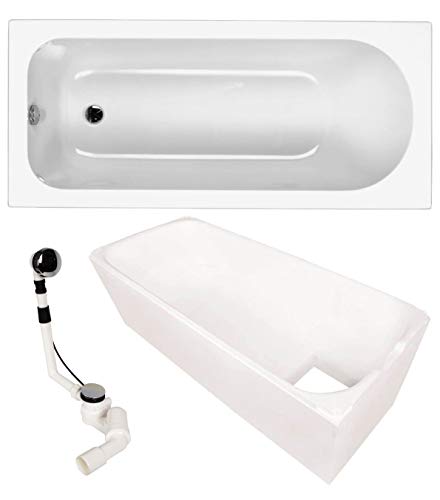 Badewanne 170x75 cm Komplett-Set, Serie Baluan von Livingpool, Rechteckwanne mit Wannenträger und Ablaufgarnitur, Acrylbadewanne in Weiß, Körperform-Badewanne