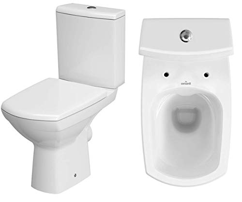 Keramik Stand- WC Toilette Komplett -Design- Set mit Spülkasten WC- Sitz aus Duroplast mit Absenkautomatik SoftClose-Funktion für waagerechten Abgang Wasseranschluss Spülrandlos Carina