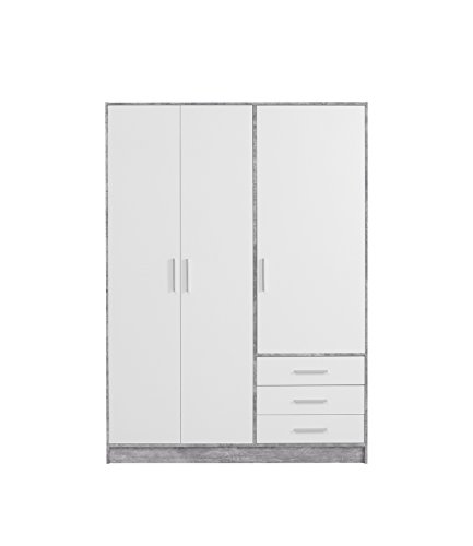 NEWFACE Jupiter Kleiderschrank 3-türig, 3 Schubkästen, Holz, beton + weiß, 144.6 x 60 x 200 cm