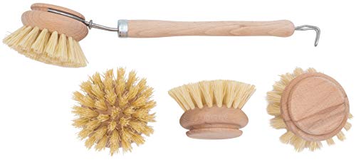 4er Set Spülbürste aus Holz inkl. Wechselkopf Ersatzkopf mit Naturborsten aus Fibre Holzspülbürste für Küche und Haushalt das perfekte SET sofort einsatzbereit