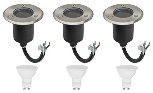 3er Set Bodeneinbauleuchte Rund IP67 Wasserdicht 230Volt AC GU10 5Watt LED Leuchtmittel Warmweiss 400Lumen 3000K Befahrbar Edelstahl Rostfrei Gehwegbeleuchtung Gartenbeleuchtung