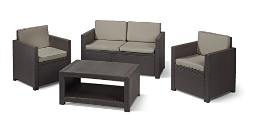 Allibert Lounge Set Garten, Monaco, 4-teiliges, Rattanoptik Set, 199 x 68 x 72 cm, Balkonmöbel, braun