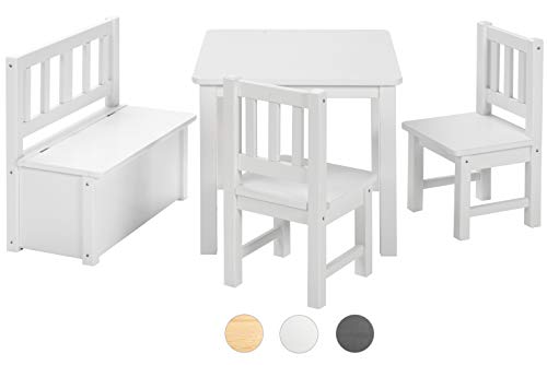 BOMI Kindertisch mit 2 Stühle mit integrierter Spielzeugkiste | Kindertruhenbank aus Kiefer Massiv Holz für Kleinkinder, Mädchen und Jungen Weiß
