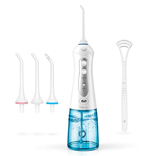 Munddusche Zahnreiniger Wasser Flosser, iTeknic Oral Irrigator IPX7 Wasserdicht Elektrische Wasserreiniger Tragbar 300ML Wassertank 3+1 Düsen und Zungenreiniger