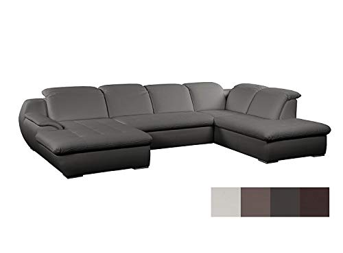 Cavadore Wohnlandschaft Claanc in Lederoptik mit XL Longchair und  Kopfteilverstellung / Graue Sofalandschaft mit verstellbaren Kopfstützen und hochwertigem Kunstleder / Modernes Design / Maße: 345x77x220 cm (BxHxT) / Kunstleder in grau
