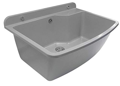 GOSPO Ausgussbecken, Waschbecken 61 cm x 44 cm x 23,5 cm, Waschtrog mit Überlauf und Siphon, Spülbecken inkl. Zubehör, stabiler Kunststoff, Waschraum 38 Liter Fass. (Grau)