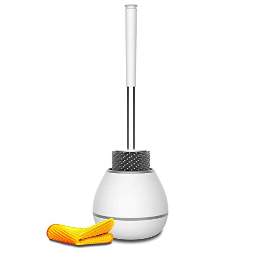 SAVEGA WC-Garnitur 2 in 1 mit Microfasertuch | Designer WC-Bürste mit Halter | Toilettenbürste | Klobürste | rund | weiß - grau