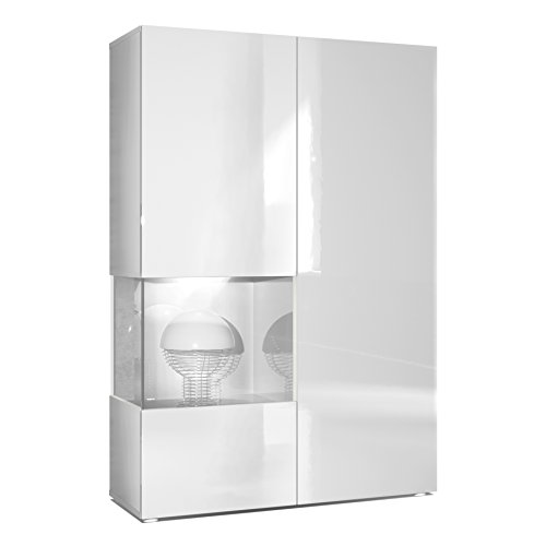 Vladon Vitrine Kommode Hochschrank Morena, Korpus in Weiß matt/Rechte Tür und der Einsatz in Weiß Hochglanz, inkl. LED Beleuchtung