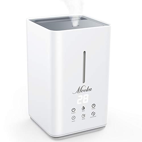 MOOKA 4L Luftbefeuchter, Ultraschall-Kaltnebel-Luftbefeuchter, Top Fill Water, Feuchtesensor, Timer, flüsterleiser Betrieb mit 3 verstellbaren Nebel-Modus für Zuhause, Büro, Schlafzimmer (Weiß)