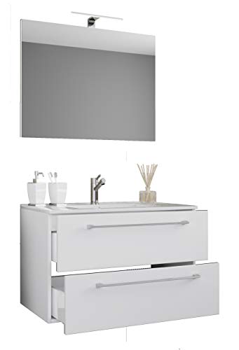 VCM 3-TLG. Waschplatz Badmöbel Badezimmer Set Waschtisch Waschbecken Schubladen Keramik Badinos Spiegel Weiß