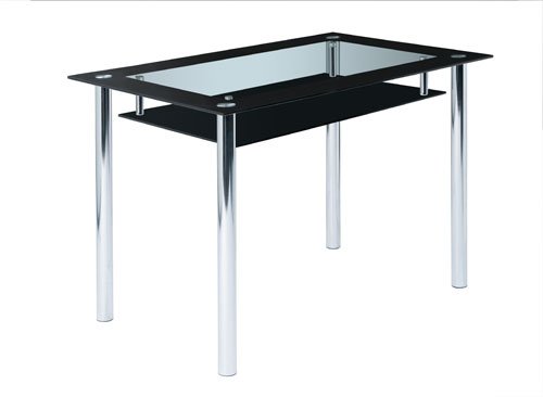 Design Esstisch aus Glas mit schwarzer Glasplatte und praktischer Ablageplatte, Esszimmertisch ist 110 cm breit und für klein Wohnzimmer geeignet.