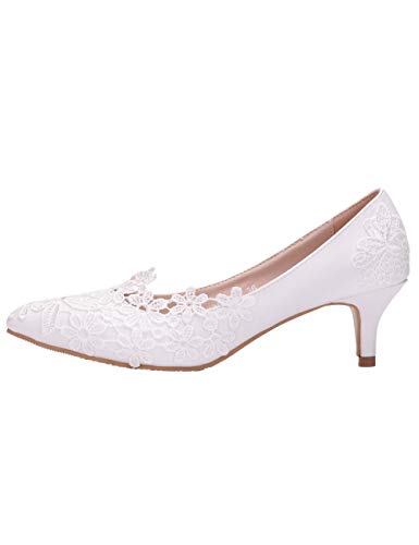 SPDYCESS Brautschuhe Damen Weiße Spitze Hochzeit Schuhe Bequeme High Heel Pumpe - Abendgesellschaft Prom Mary Jane Brautjungfern Sandalen, Weiß, 40 EU