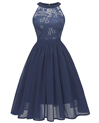 Viloree Damen Neckholder Floral Spitze Brautjungfern Partykleid Ärmellos Cocktail Kleid Navy L