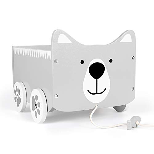 Kledio 4250772366767 Kinder Aufbewahrungsbox zum Nachziehen, Schiebewagen aus Holz FSC 100%, grau