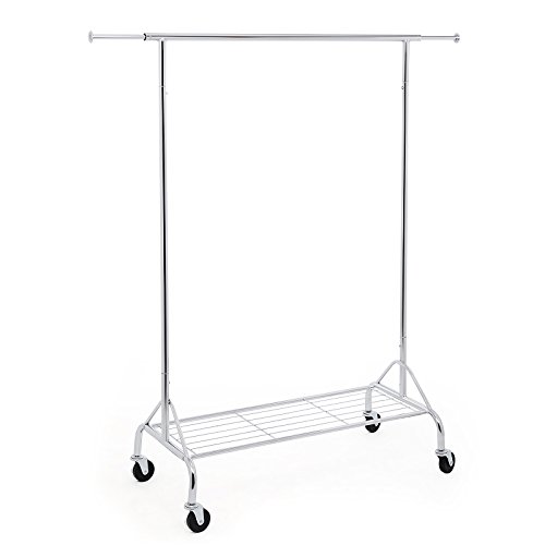 SONGMICS Schwerlast Metall Kleiderständer mit Schuhablage auf Rädern, bis 50 kg belastbar, Länge: 110,5-150,5 cm, Chrom HSR02S