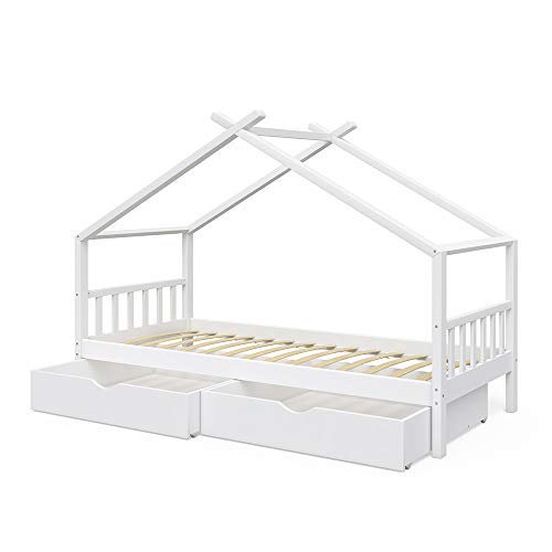 Vicco Kinderbett Hausbett Design 90x200cm INKL SCHUBLADEN Kinder Bett Holz Haus Schlafen Hausbett Spielbett Inkl. Lattenrost (Weiß lackiert)