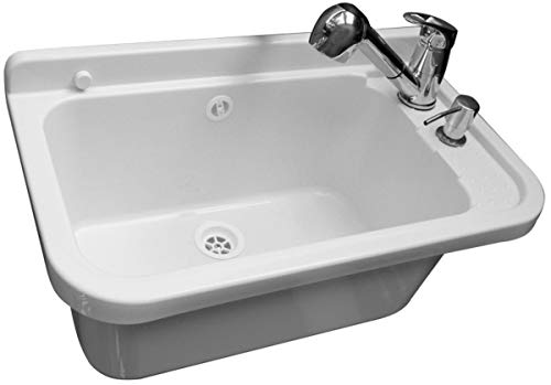 Waschbecken Ausgussbecken mit Armatur 59 cm x 34 cm x 21 cm Spülbecken Waschtrog mit Überlauf Waschbecken für Gewerbe Waschraum Garten inkl. Ablaufgranitur