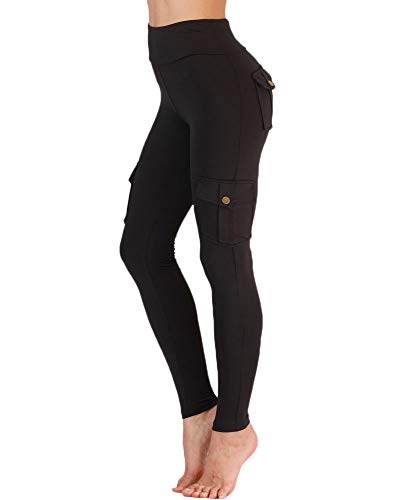 Nuofengkudu Damen High Waist Sporthose Leggings mit Taschen Militärisch Stil Stylisch Push up Tights Hosen Jogginghose Sportleggins Schwarz L
