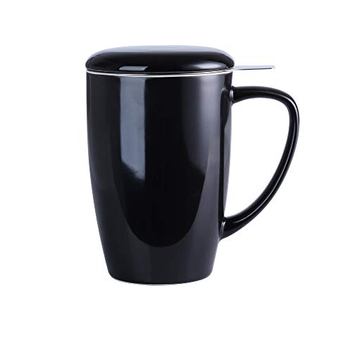 Lovecasa Porzellan Teetasse, 450 ml Becher mit Deckel und Teesieb, Schwarz