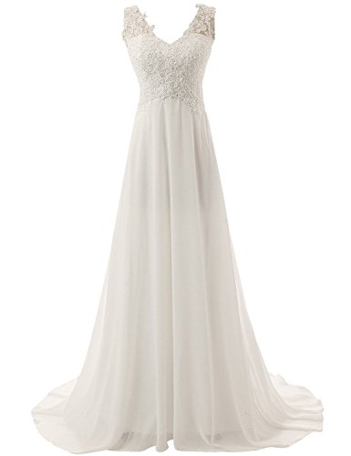 JAEDEN Elegante V-Ausschnitt Spitze Chiffon Hochzeitskleider Brautkleid Brautmode Lang (42, Wei?)