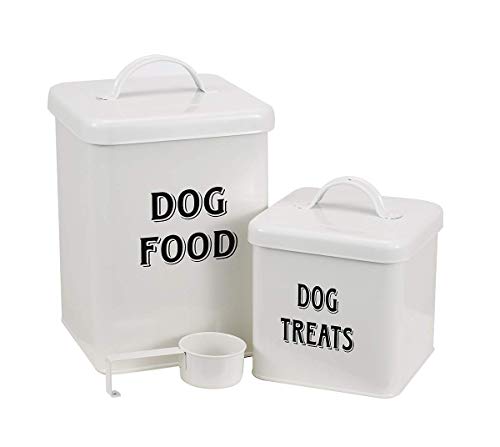 Hundefutter- und Leckerlibehälter Set mit Schaufel für Hunde - Vintage Cremefarben pulverbeschichteter Kohlenstoffstahl - dicht schließende Deckel - Vorratsdosen klein