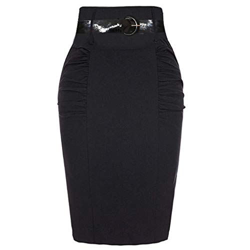 YueLove Damen Büro Röcke mit Bleistift Formelle Einfarbige High Waist Wear Zum Arbeiten Slim Wrap Midirock mit GüRtel Festliche Vielseitige Faltenrock